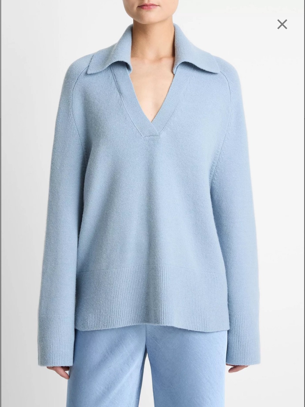 Vince Light Blue Polo Collared V-Neck Cashmere-Blend Sweater